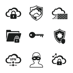 Cybersecurity and data protection icons in a grid cloud