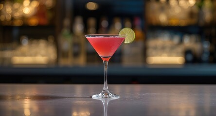 Stylish bar counter with a cosmopolitan cocktail, emphasizing presentation for social gatherings