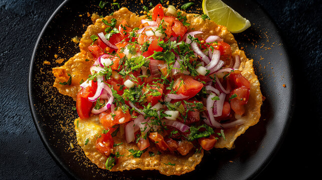 Crispy masala papad topped with finely chopped onions, tomatoes, coriander, lemon drizzle; vibrant street-food colors