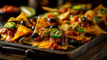 Crispy nachos topped with melted cheese, jalapeño slices, olives, and salsa; served on a rustic tray
