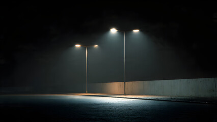 A minimal industrial road where two lamps create overlapping rectangular and trapezoidal light zones