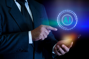 Businessman with AI Learning and Artificial intelligent. futuristic robot technology development, artificial intelligence AI, and machine learning concept.