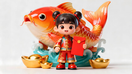 Fototapeta premium Girl embracing a koi pillow for New Year celebration