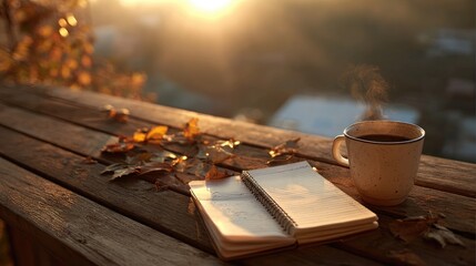 Obraz premium Autumnal Sunrise With Coffee And Journal