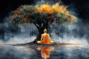 Meditating Buddha in orange robes under a vibrant tree reflected on tranquil water with misty atmosphere.