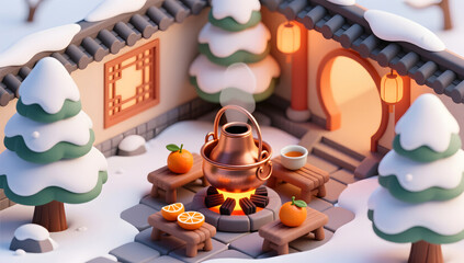 Obraz premium Warm Tea by the Winter Courtyard Stove