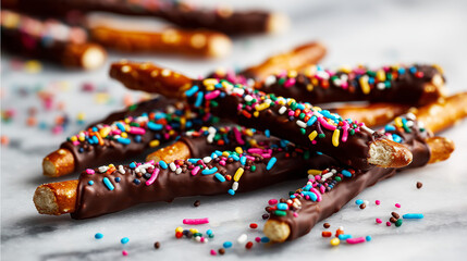 Fototapeta premium Crunchy pretzel sticks dipped in glossy melted chocolate, colorful sprinkles on top, arranged creatively on marble surface