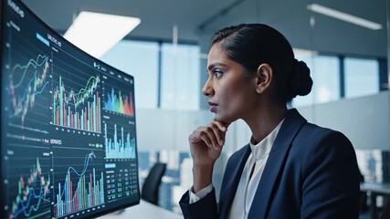 Businessperson analyzing financial data on large curved monitor in modern office with cityscape view through window - Powered by Adobe