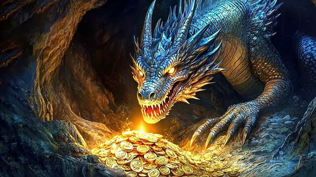A powerful blue dragon guarding a treasure hoard of gold coins in a dark cave. Mythical fantasy creature with glowing eyes protecting its riches. Epic mythology concept