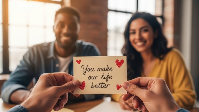 Person's hands holding a card with 'you make our life better' text for a smiling couple sitting at a table indoors