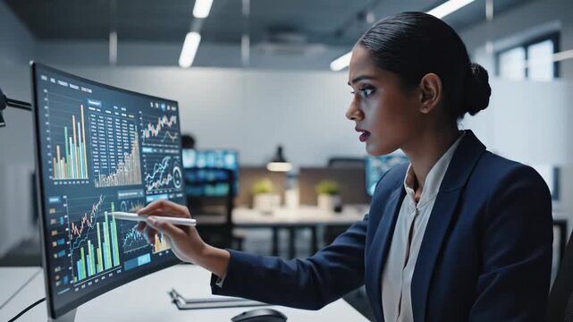 Businessperson analyzing financial data on large curved monitor in modern office environment with multiple workstations and digital charts - Powered by Adobe