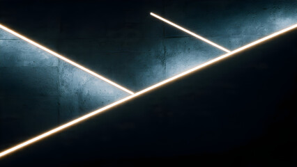 A minimal night facade with two perpendicular neon lines creating simple abstract geometric light forms