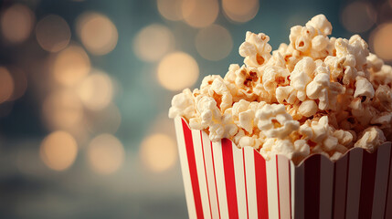 Fluffy salted popcorn overflowing from a retro red-and-white striped paper box