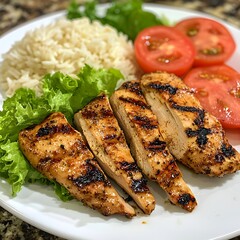 Photo of grilled chicken served with fluffy rice, fresh tomatoes, and lettuce garnish