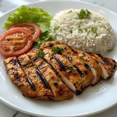 Photo of grilled chicken served with fluffy rice, fresh tomatoes, and lettuce garnish