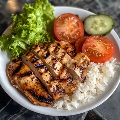 Photo of grilled chicken served with fluffy rice, fresh tomatoes, and lettuce garnish