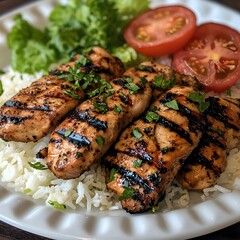Photo of grilled chicken served with fluffy rice, fresh tomatoes, and lettuce garnish