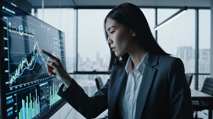 Businessperson analyzing financial data on large screen in modern office with cityscape view through windows - Powered by Adobe