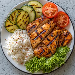 Photo of grilled chicken served with fluffy rice, fresh tomatoes, and lettuce garnish
