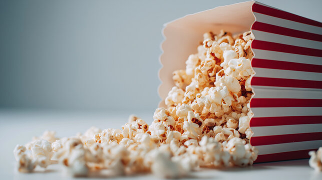 Fluffy salted popcorn overflowing from a retro red-and-white striped paper box