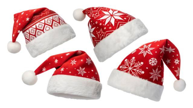 Collage with Santa Claus hats set, closeup objects. Isolated on transparent background. Christmas and New Year celebration
