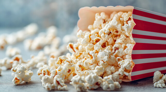 Fluffy salted popcorn overflowing from a retro red-and-white striped paper box