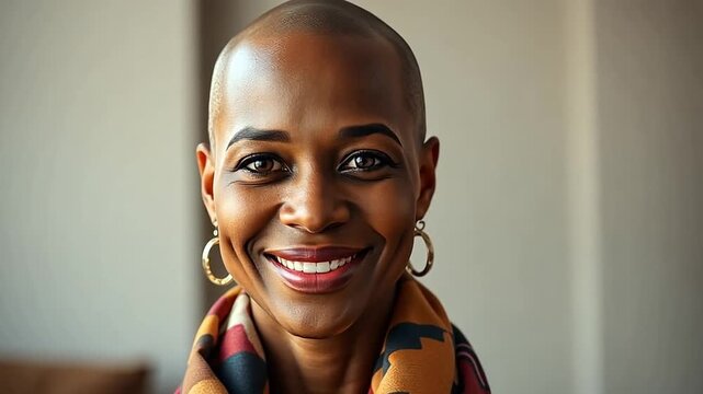 Close-up animated portrait of a confident Black woman with a shaved head smiling. Happy professional looking at the camera. Business empowerment and diversity concept