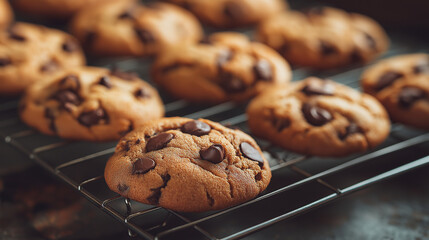 Freshly baked chocolate chip cookies arranged on a cooling rack