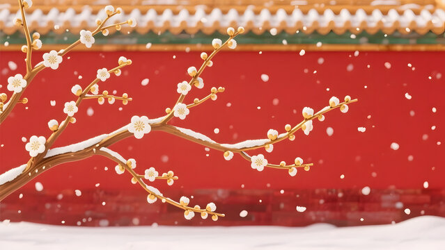 Plum blossoms and snowfall creating a serene winter scene