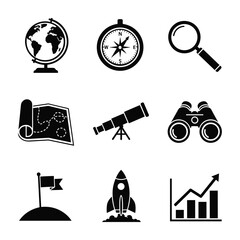 Set of nine black silhouette icons for travel, exploration, and business growth Keywords: globe, world, earth, map, compass, navigation, direction, search, magnifying glass, lens, discovery