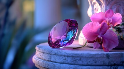 The Alexandrite stone, in a little bit of Blue, Green And mostly Red colors, natural shape, with a Orchid, known as the stone of the heavens, shines beautifully and prominently in the center of the im