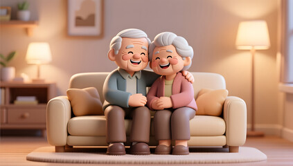 Warm living room elderly couple cuddling happily