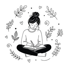 Woman Sitting Cross-legged Writing in a Journal Surrounded by Floral Elements on White Background Keywords: woman, writing, journal, book, sitting, cross-legged, creative, inspiration, thoughts