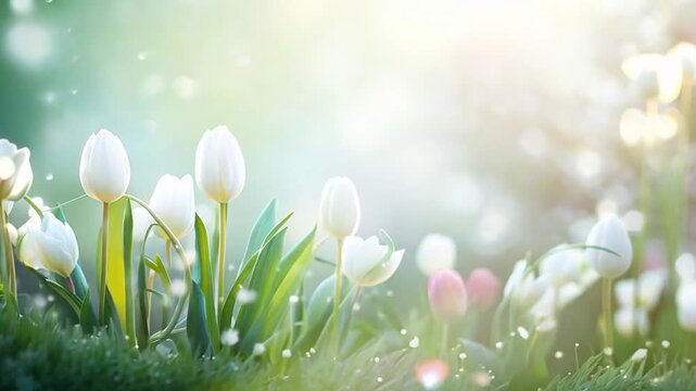 White tulips blooming in a spring garden. Fresh flowers in bright sunlight with magical bokeh particles. Nature background with copy space for text