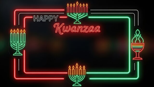 Neon kwanzaa celebration frame with menorahs and candles