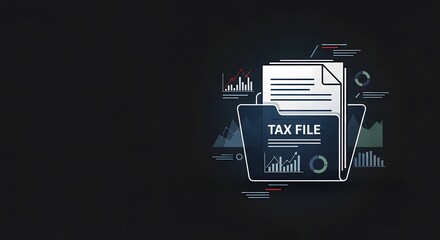 Tax file folder with financial charts and documents on a dark background