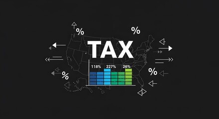 Minimalist map of united states with tax word and percentage arrows on black background