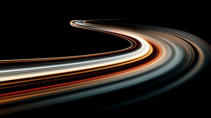 暗闇の中を猛スピードで駆け抜ける光の筋の抽象的なカーブ