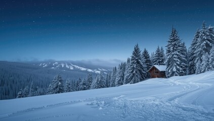 Fototapeta premium Snow-covered pine trees surrounding a wooden mountain house during winter, emphasizing seasonal frost and landscape preservation