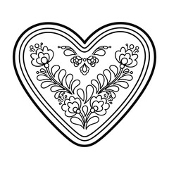 Black and white heart with floral folk art design on white background Keywords: heart, love, floral, folk art, ornament, decoration, design, symbol, graphic, illustration, black and white, outline