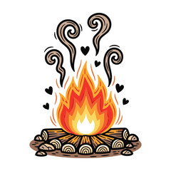 Campfire with flames smoke and hearts on white background Keywords: campfire, fire, flames, burning, wood, logs, heat, warm, cozy, outdoors, nature, camping, night, smoke, hearts, love, romantic
