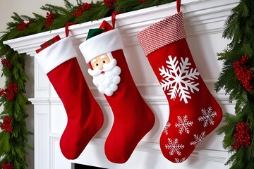 Empty Stockings Hung On Fireplace On Christmas Eve