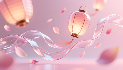 A romantic fantasy scene of drifting lanterns and petals