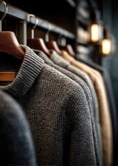 Wool sweaters hanging on hangers in an expensive showroom, clothing boutique, cashmere, textile, fashion, store, knitted jumper