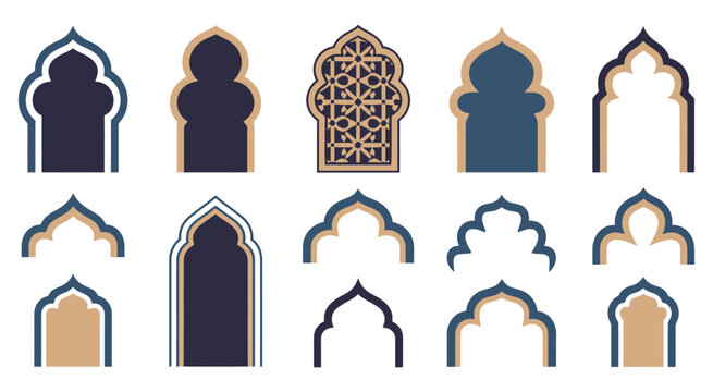 Islamic and Moroccan arch designs, diverse arch shapes and intricate motifs, suitable for decorative backgrounds, architectural concepts, cultural illustration, Islamic patterns