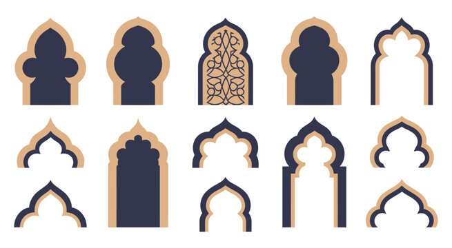 Islamic and Moroccan arch designs, diverse arch shapes and intricate motifs, suitable for decorative backgrounds, architectural concepts, cultural illustration, Islamic patterns