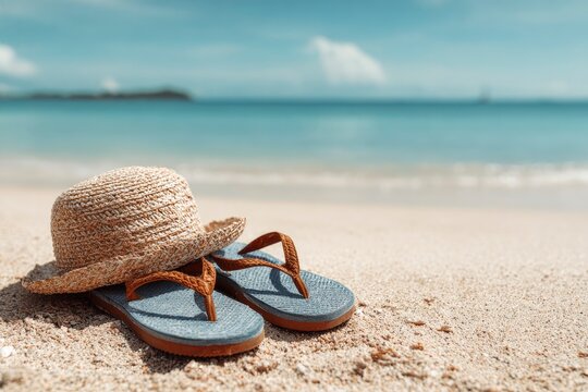 Beach scene straw hat atop blue flipflops on light sand near blue sea under a bright sky