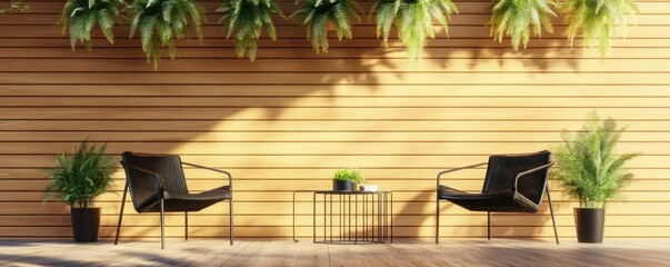Fototapeta premium Modern outdoor lounge area with wooden wall and floor, black chairs, and green ferns, bathed in natural sunlight.