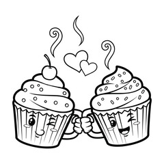Two Cartoon Cupcakes with Happy Faces Toasting with Steam and Hearts Keywords: cupcakes, cartoon, characters, happy, smiling, winking, toasting, celebration, dessert, sweet, treat, food, baking