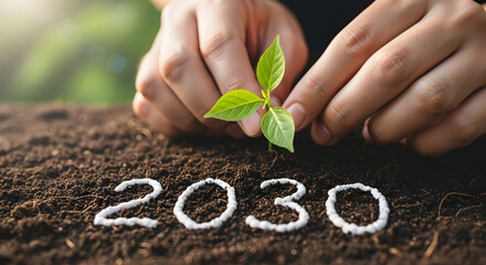 Hands planting sprout on soil with 2030 text — bright eco-friendly future theme